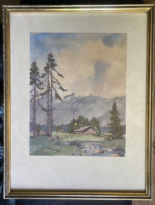 ::WATERCOLOUR A. LEMKE SIGNED °ALPS COTTAGE MOUNTAINS FRAME LANDSCAPE NATURE ANTIQUE