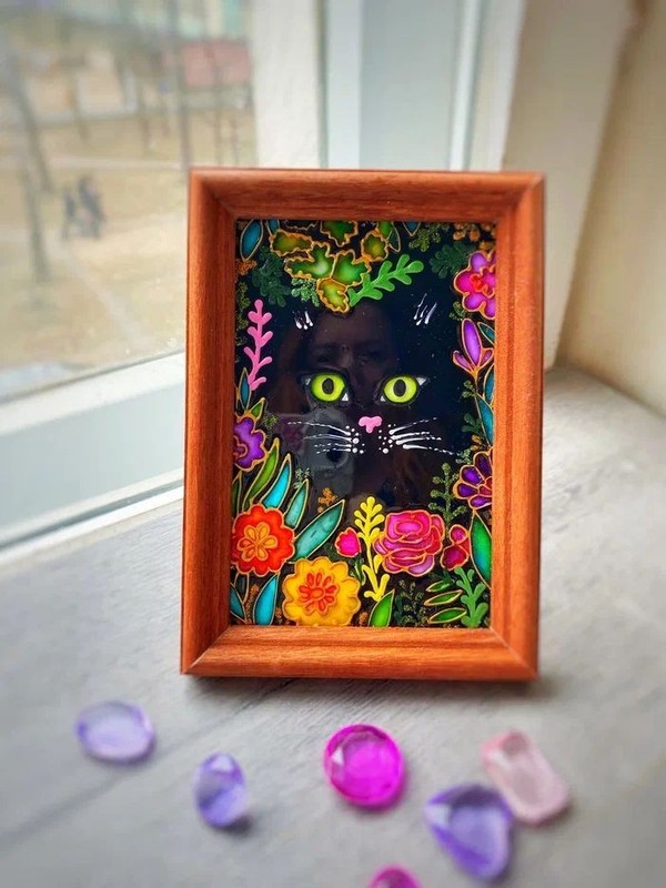 Stained glass painting Cat in Blooming flowers art Original hanging wall decor