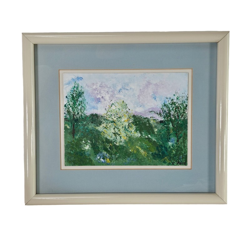 Impressionist Landscape Painting Watercolor Gouache Framed 13″ Signed «Ann»