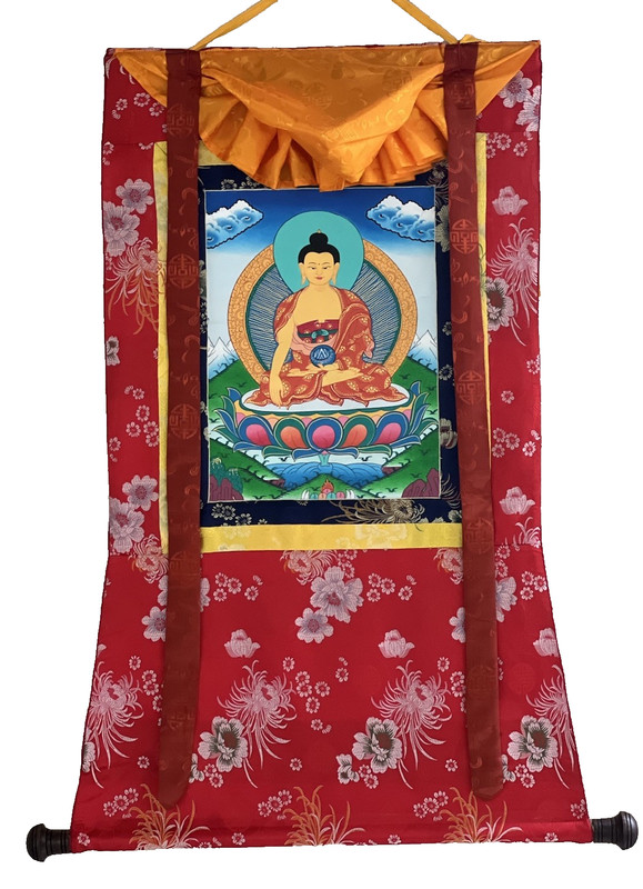 SHAKYAMUNI GAUTAMA BUDDHA ORIGINAL TIBETAN THANGKA PAINTING WITH SILK BROCADE