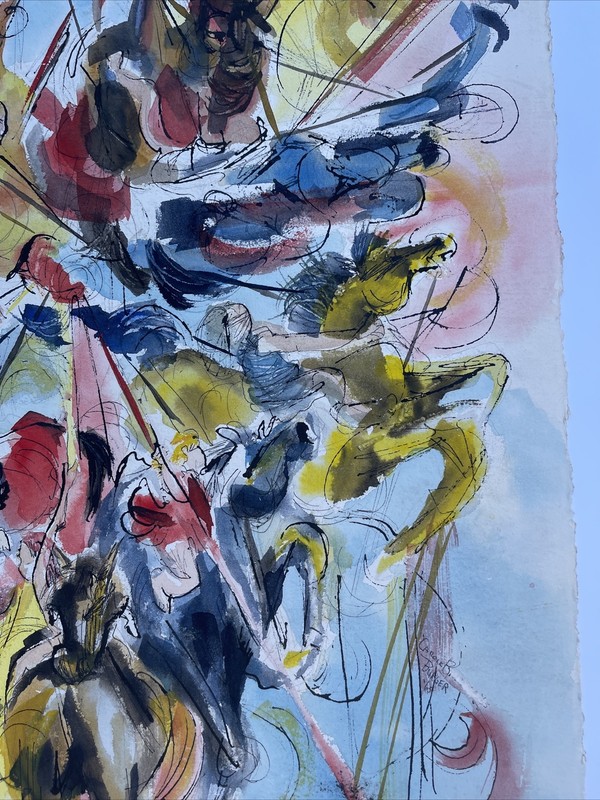 VINTAGE PAINTING ABSTRACT EXPRESSIONISM HORSES CAROUSEL CARNIVAL FAIR 1960'S gallery