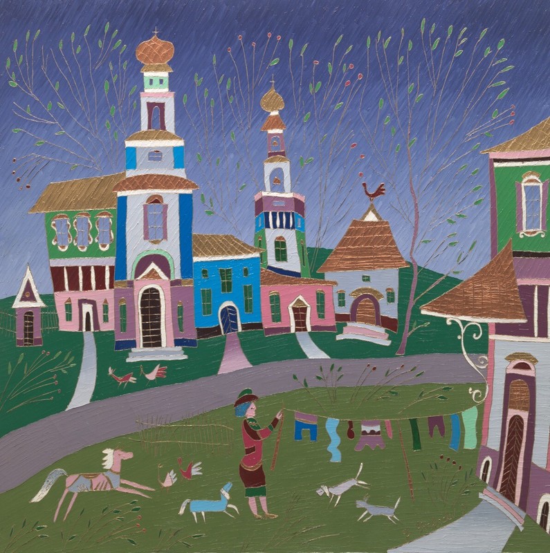 Yuri Gorbachev (Russian, b. 1948) 34″ x 34″ Russian village 1991 Oil on canvas