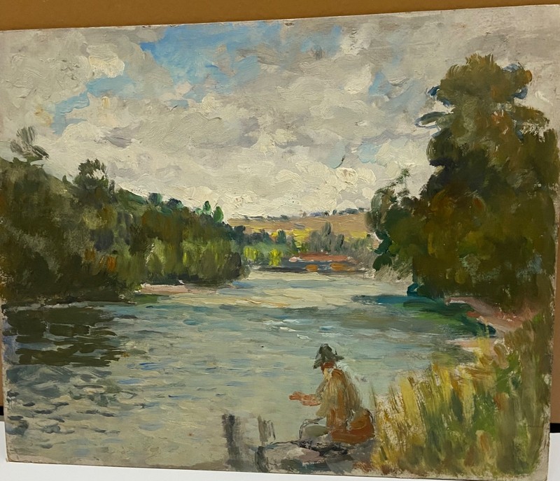 vintage oil on card board man fishing in imptessionist gallery