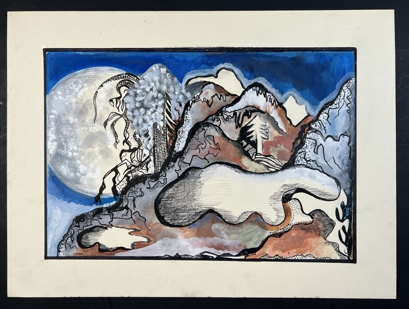 Vtg College Design Painting 15×20” Abstract Snowy Mountain Landscape Art Scene