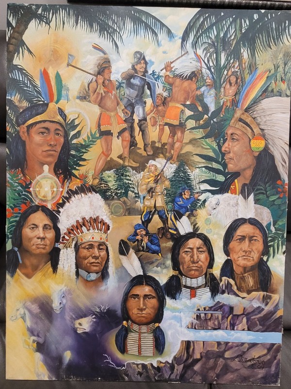 Vtg Signed painting HORSE Native American Indian Chief Western Pop Art Soldier