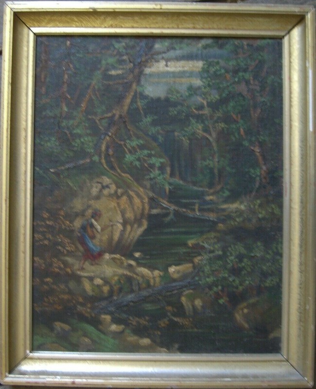 ::KÖBERLE WANDERER FOREST GREEN DENSELY OVERGROWN TREES PERSON RIVER ANTIQUE SIGNED