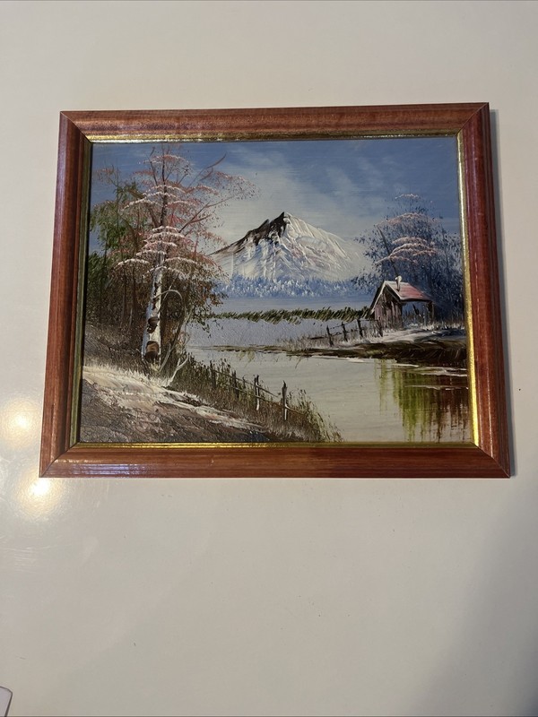 Vintage Framed Winter Landscape Oil Painting On Hard Board 9×10.75”