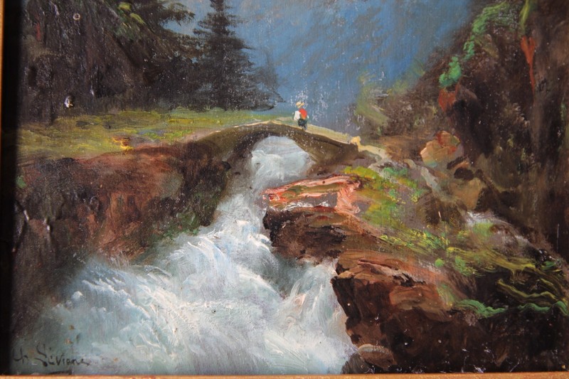 Théodore Levigne (1848-1912), Walker on a mountain bridge, oil on panel, French gallery
