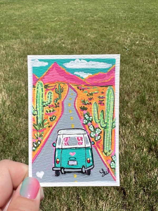 Original ACEO Desert Road VW Bus Painting Cactus Southwest Mini Art 2.5×3.5