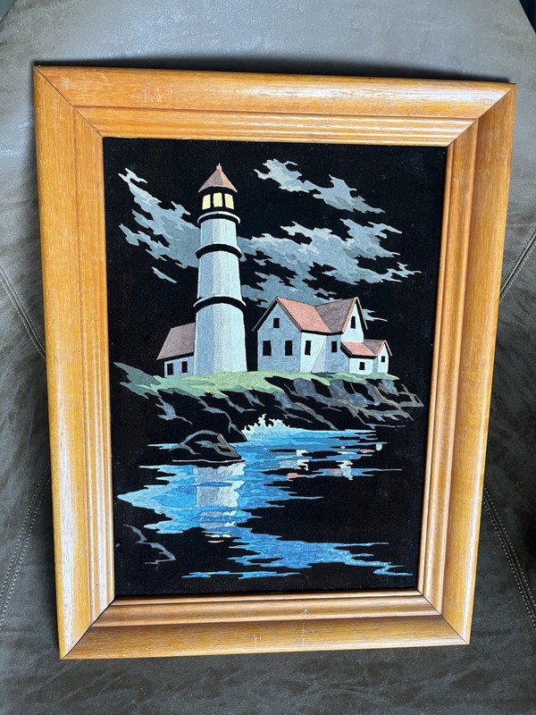 Vtg Mid Century Black Velvet Felt Painting Lighthouse Ocean Shore Seaside Framed