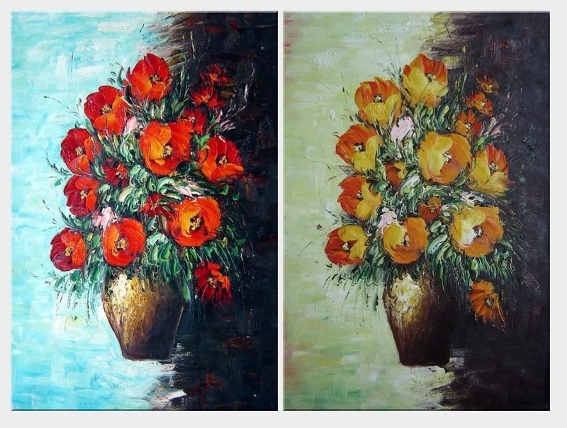 36×48 Red and Orange Roses in Vases 2 Canvas Set Oil Painting Naturalism Flower