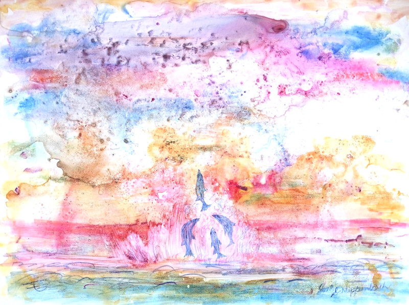 Fish Jumping Modern Painting Vibrant Signed Original Watercolor Paper Wall Art