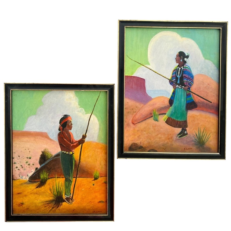 c1965 Ed Lent Navajo Shepherd Shepherdess Original Oil Paintings Pair Vintage