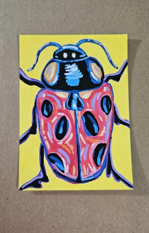 ACEO Ladybug Mini Painting Pop Art Original Bug Artwork Signed Acrylic Markers