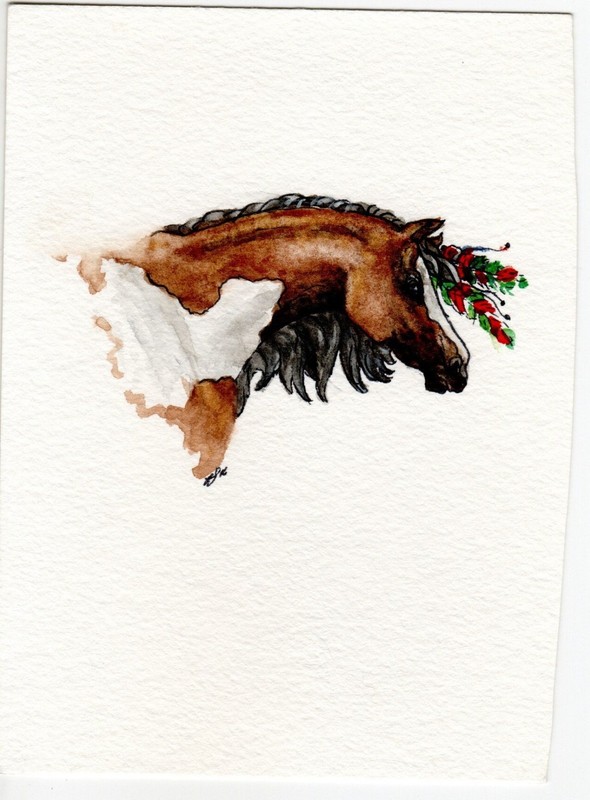 Christmas Horse Series with Wreath Original Watercolor Painting Buckskin Three