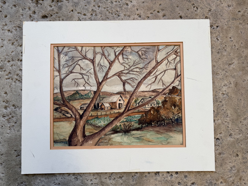 Vintage 1949 Signed Watercolor Landscape Farmhouse Trees Rural Scene Matted Art