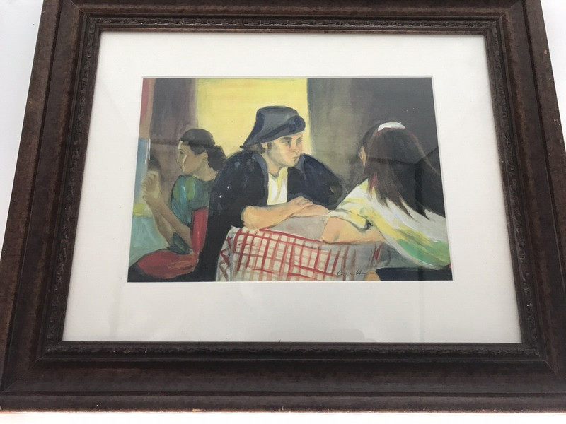 Vintage original signed matted and framed cafe scene watercolor
