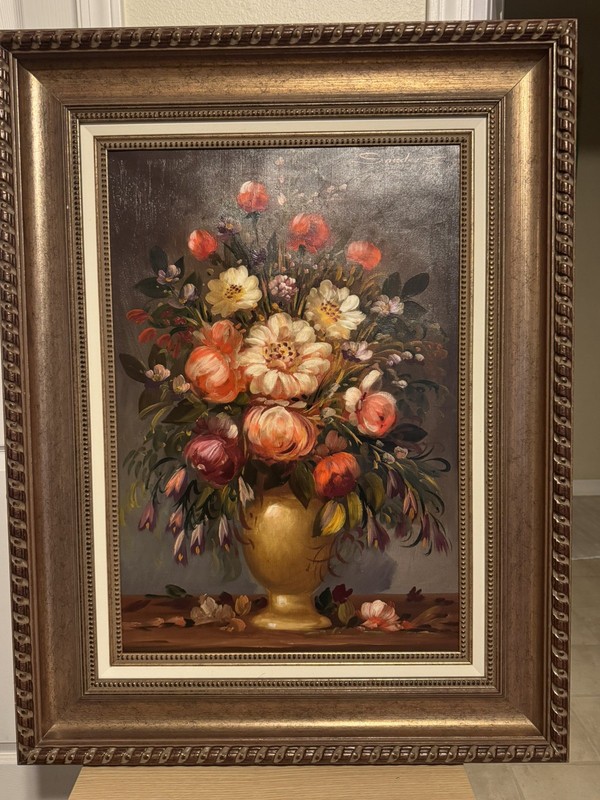 Signed Sanders Mid Century Original Floral Oil Painting Ornate Gold Frame