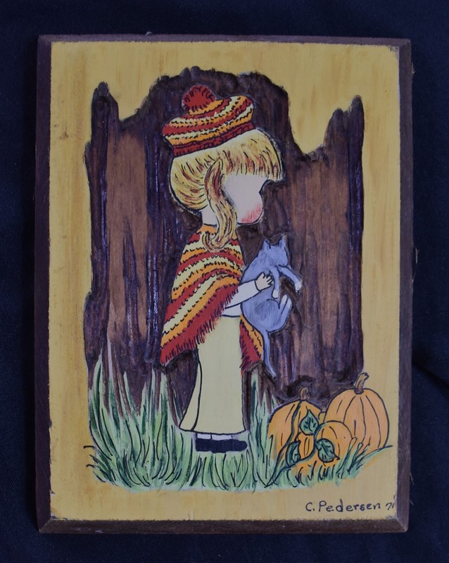 C. PEDERSEN, two carved and painting, art in wood, rare and vintage, 1971