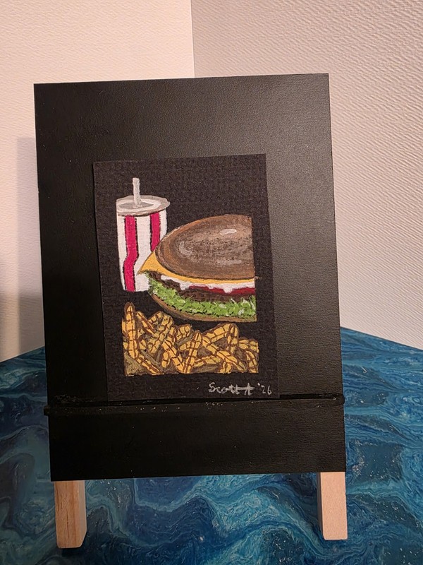 ACEO Original Painting «Burger, Fries & Drink» by Scott A. Signed, Paper Acrylic
