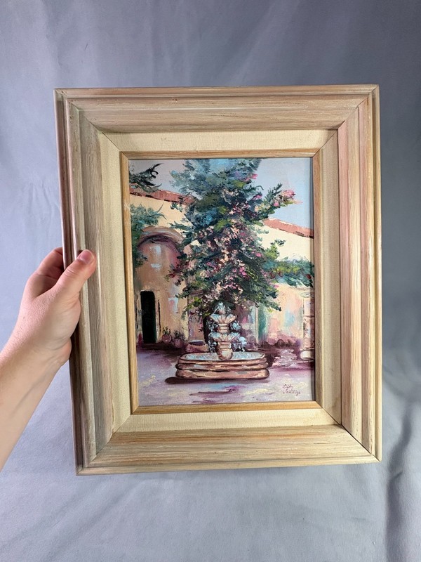 Mission Fountain Oil Painting Signed Lilly Sadige Framed Courtyard gallery