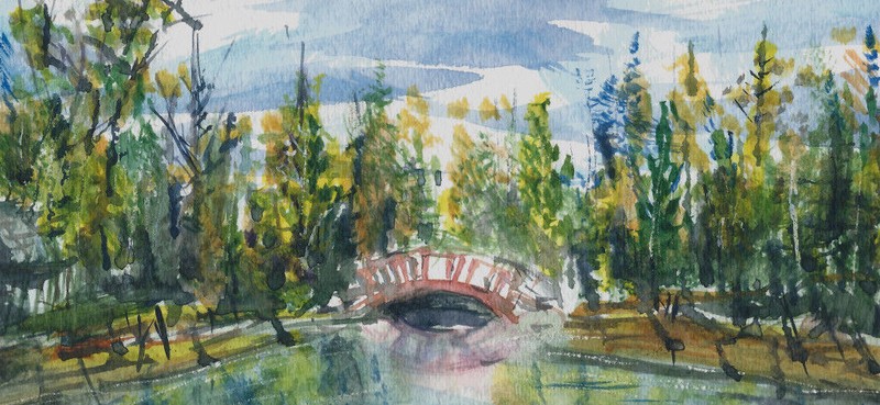 Watercolor Painting Landscape "Red Bridge On Lake In The Ozarks" by Reed 8 X 10 gallery