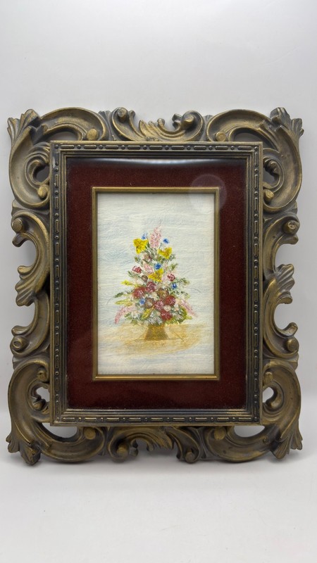 Vintage Framed Small Floral Painting Made in Taiwan Ornate Carved Frame