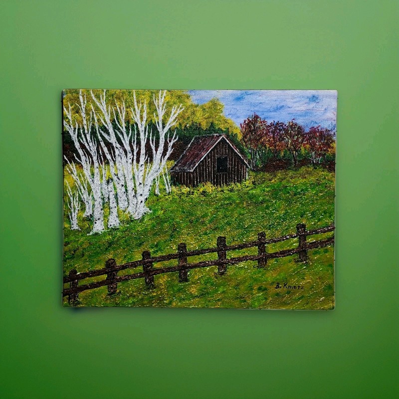 White Birch & Rustic Barn Painting, Original Autumn Landscape Acrylic on Canvas