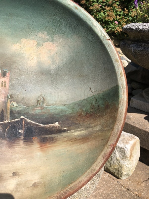 Antique 19th Century Church Cathedral Handmade Oil Painting on Turned Wood Bowl gallery