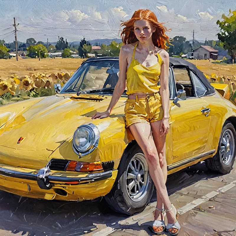 ACEO Art Card Redhead Leaning on a Yellow Porsche color me Yellow