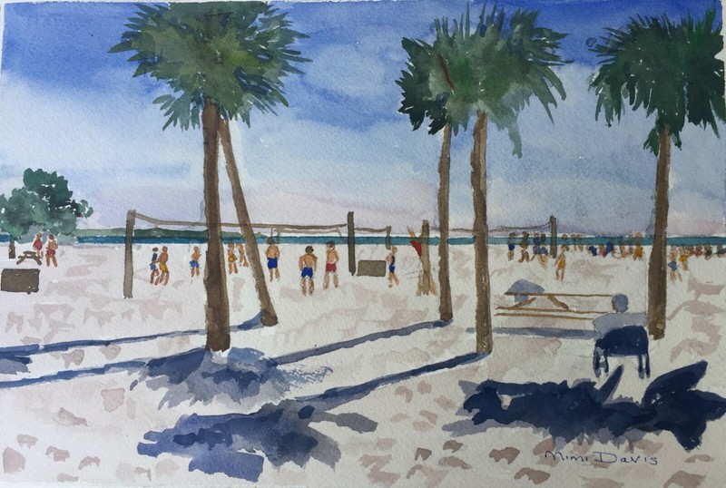 FLORIDA BEACH, VOLLEY BALL/ ORIGINAL WATERCOLOR / 10 1/4" X 14 1/4" / MIMI DAVI