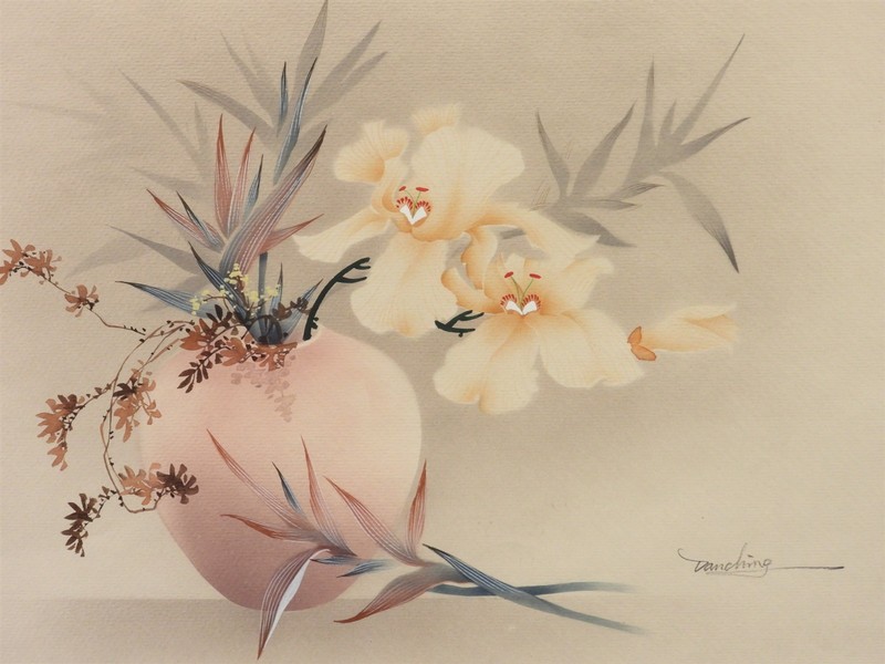 Danching Japanese Stylized Flowers in Vase Asian Design Watercolor Painting gallery