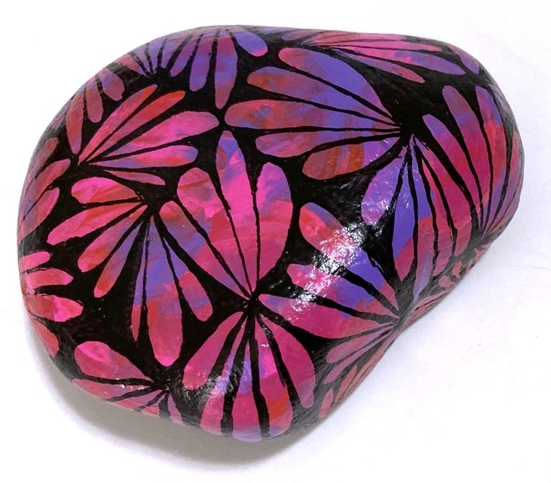 Pink Purple Black Floral Hand Painted Rock Art Flowers Stone - amylenore