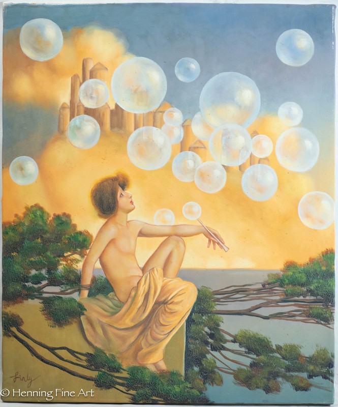 Boy Blowing Bubbles Oil Painting after Maxfield Parrish Air Castles 24×20″