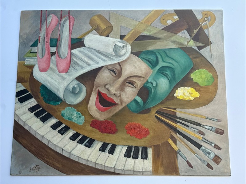 MID CENTURY PAINTING SURREALISM MUSIC ENTERTAINMENT CUBIST CUBISM OIL MODERNISM