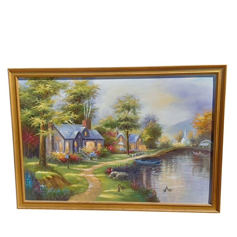 Cottage On The Lake Original Oil Painting Framed 38.5x27in C Jaffey?