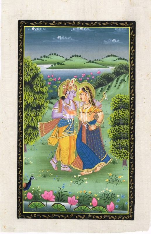 Indian Painting Of Radha Krishna In Love Scene Art On Silk Cloth 7×11 Inches