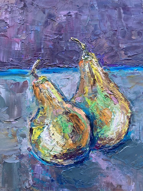 Original oil painting on cardboard: Still Life «Pears,» size 10×8 inches.