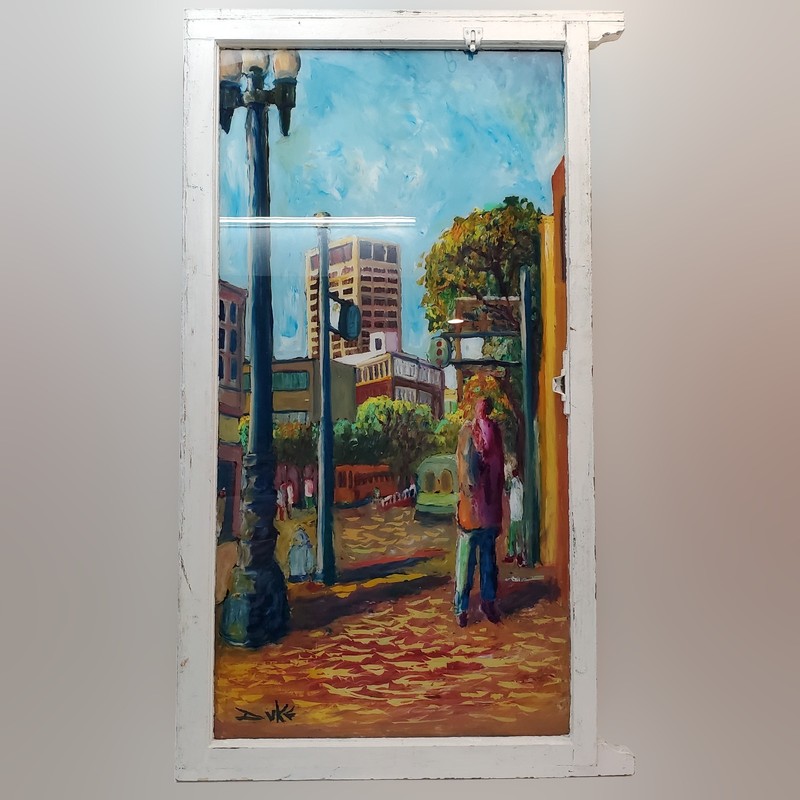 Chris Duke San Francisco Market St Reverse-Painted Window Original 60×36 30lb