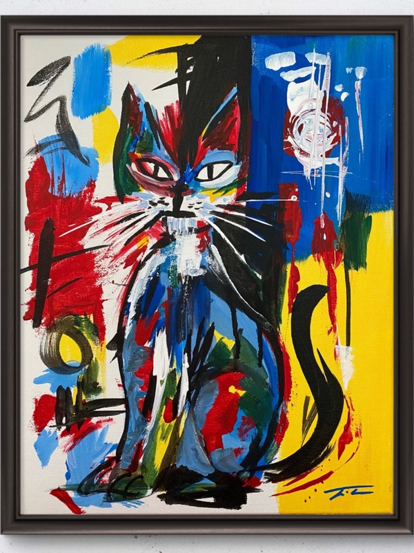 Abstract Colorful Expressionist Cat Original Art 14×11 Canvas