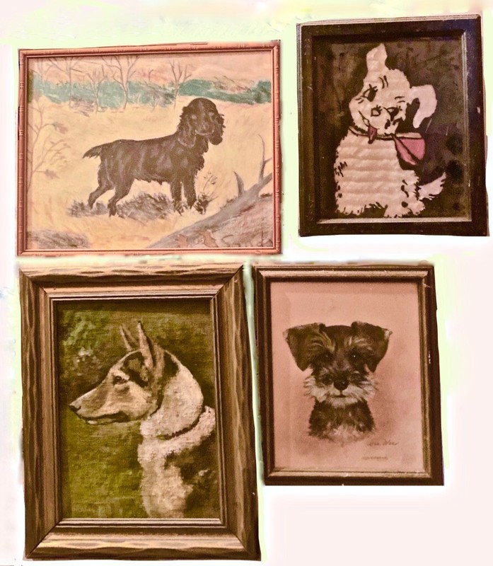 4 Vintage Dog Portrait Painting Print Drawing Gallery Wall Black White Framed