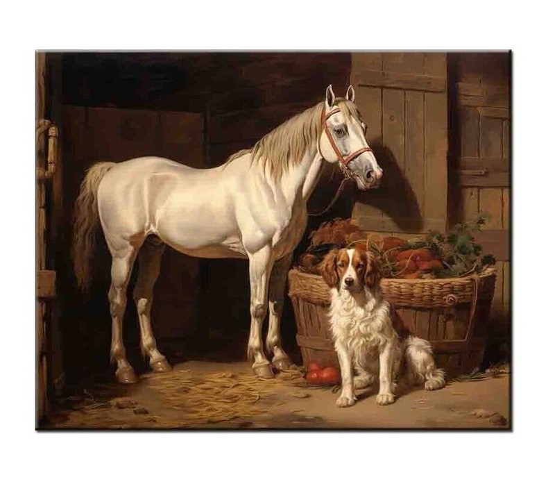 Art Print Horse and Dog in the Stable Oil painting Giclee on Canvas