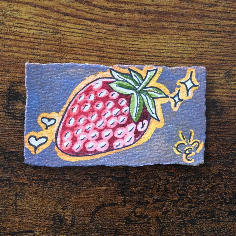 ACEO Original Watercolor Strawberry ‘Fruity Series’ #4/10 Paintybee 2 x 3.5 inch