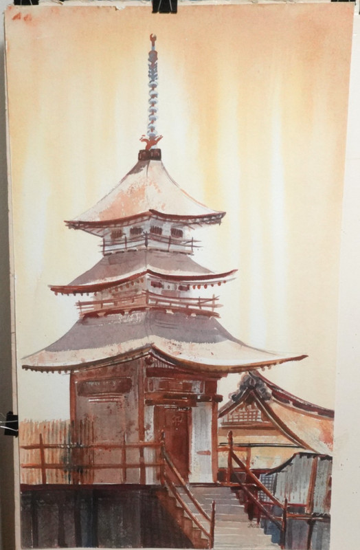 BETTE VOGT «TEMPLE MAUI HAWAII» LARGE ORIGINAL WATERCOLOR ON PAPER PAINTING