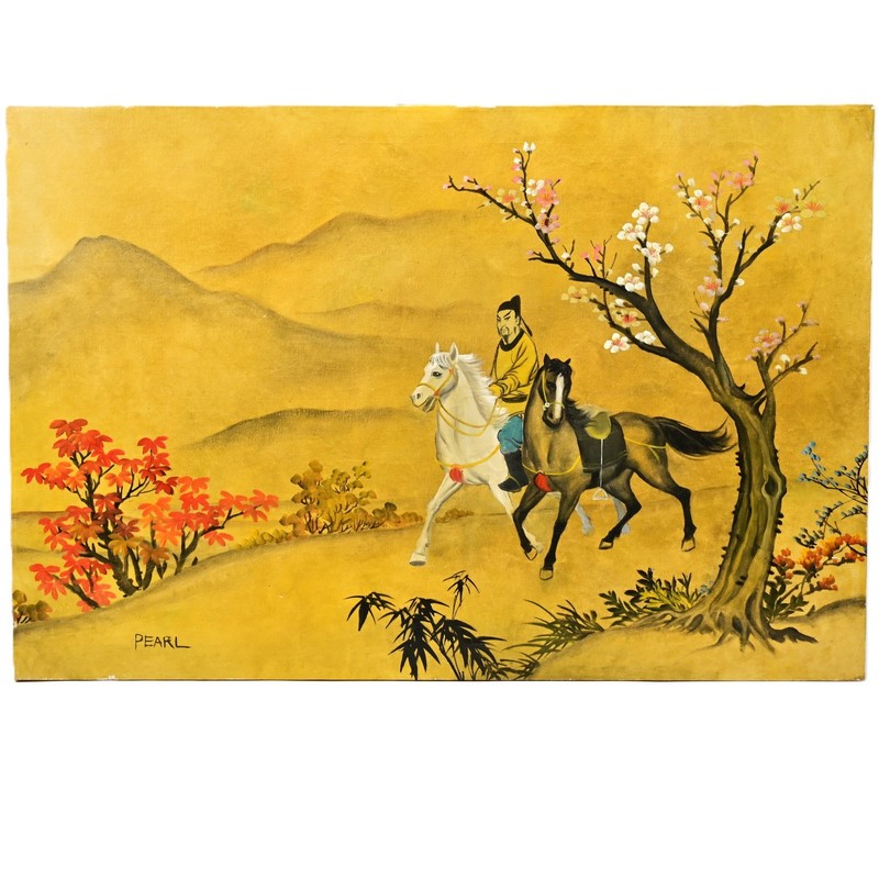 PEARL Original Vintage Signed Chinese Feng Shui Figure Horse Landscape Painting