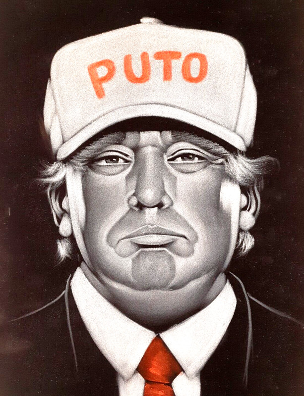 Donald Trump Puto hat, size 16″x11″, Hand-painted oil on black velvet