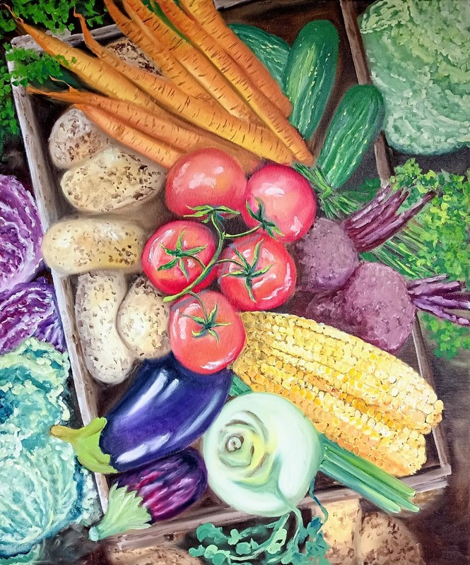 Vegetables in Box Oil Painting 50x60cm Vegan Art Painting on Canvas