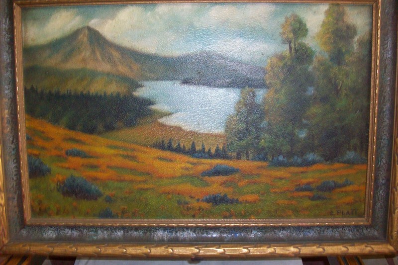 Old OOAK Original OIL ART PAINTING~E.Platt~RARE Ornate Deco FRAME Cadillac Maine gallery