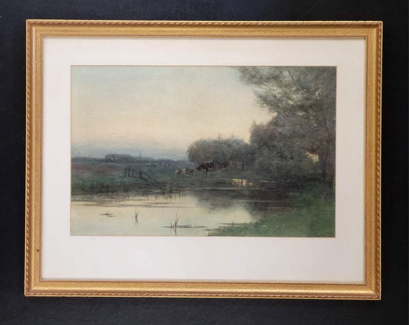 Jan Hillebrand J.H. Wijsmuller Watercolor Painting Dutch Landscape Farm Cow Pond
