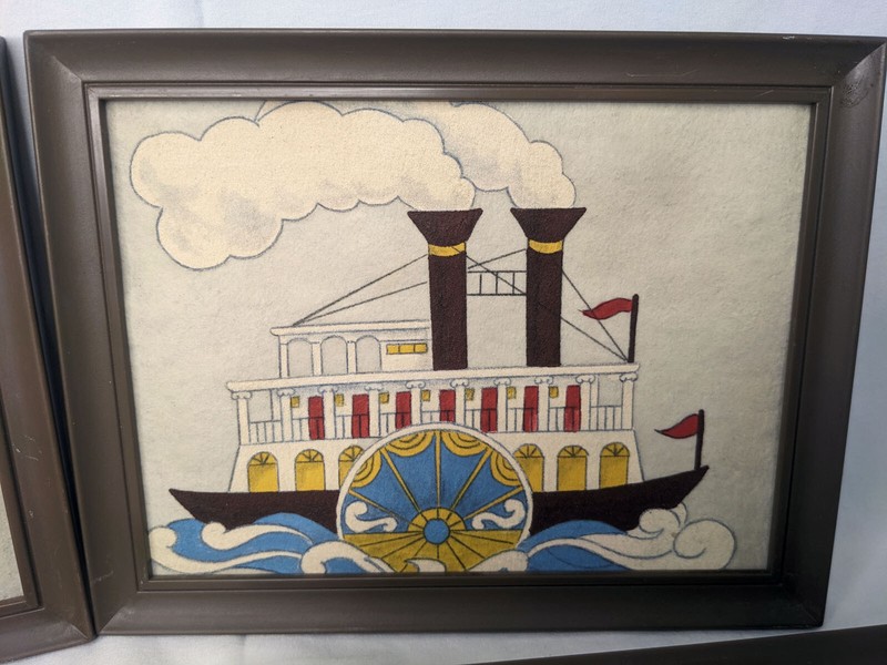 4 Ships Painted on Felt in Plastic Frames Nu-Dell USA Steamboat Viking Caravel gallery